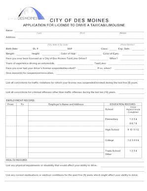 des moines taxi form