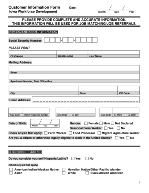Iowa Workforce Development Customer Information Form