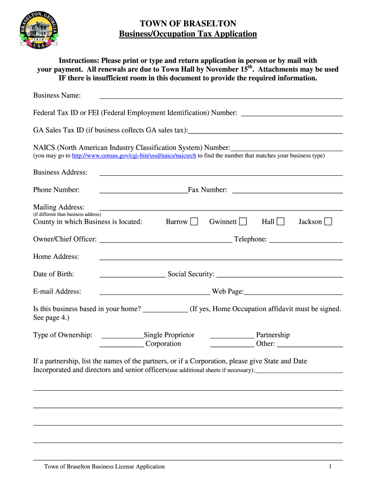 Braselton Business License Fill Online, Printable, Fillable, Blank