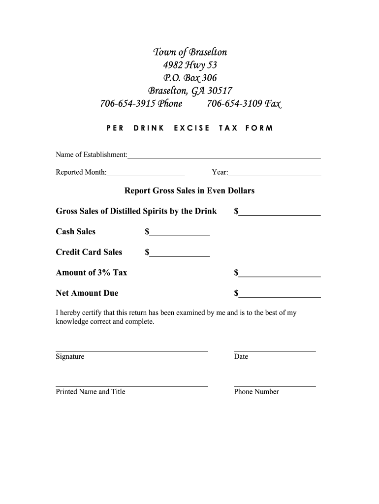 Per Drink Excise Tax Form - Town of Braselton, Georgia Preview on Page 1