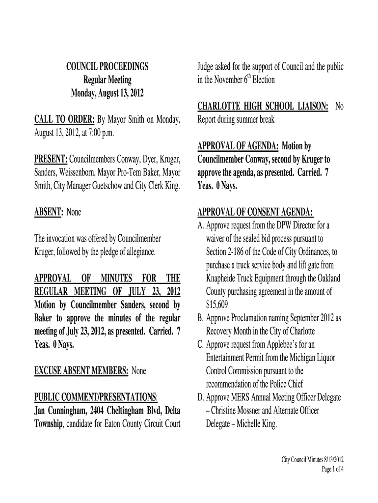 August 13, 2012 Mins - City of Charlotte, Michigan Preview on Page 1