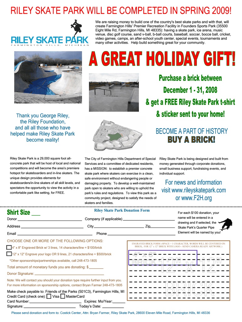Riley Skate Park Donation Form Preview on Page 1