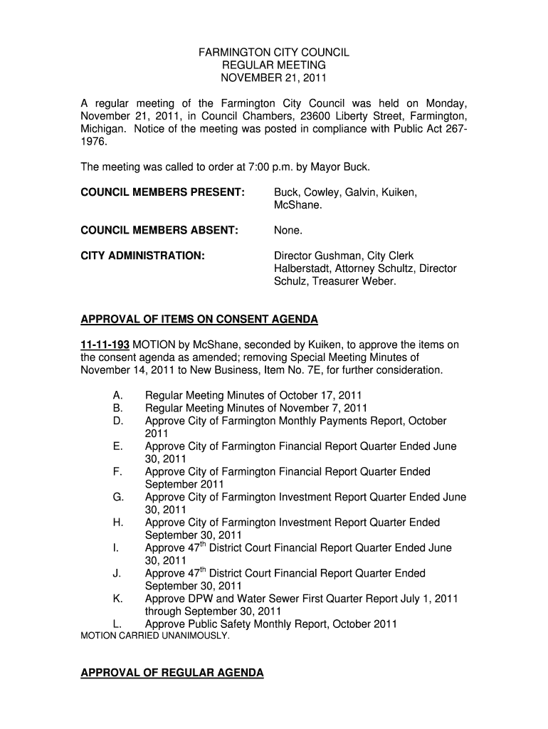 Regular City Council Meeting - November 21 2011 Preview on Page 1