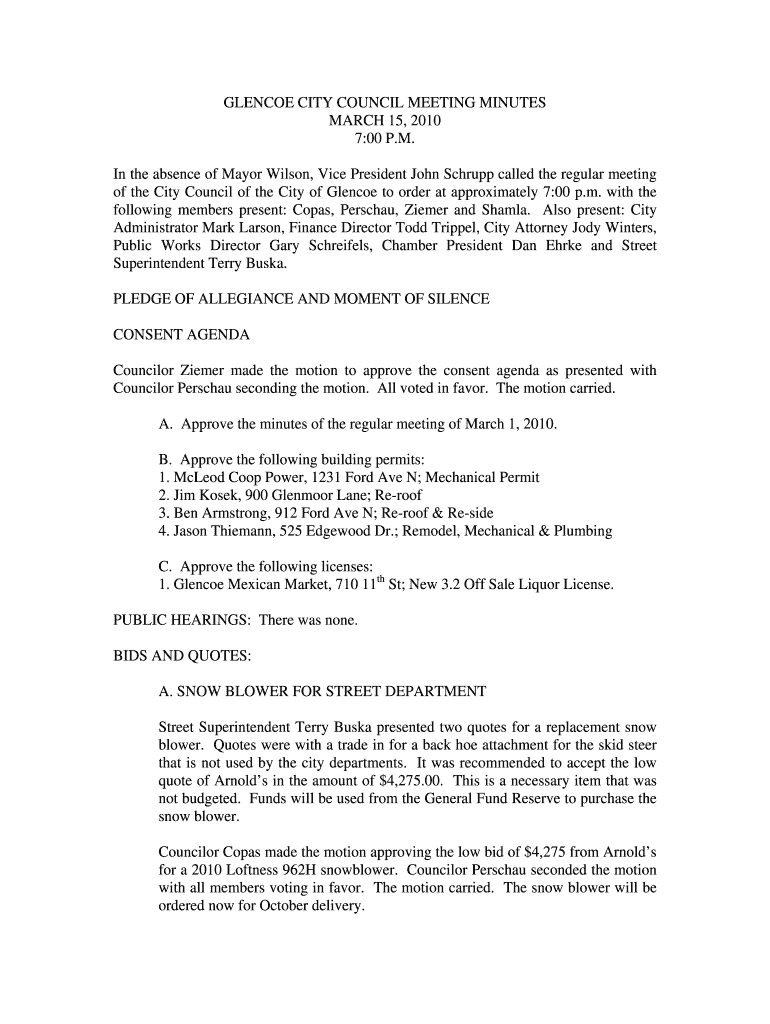 Glencoe city council meeting agenda - Glencoe Chamber of bb - glencoemn Preview on Page 1