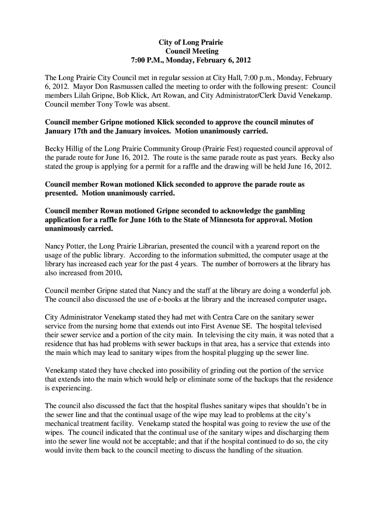 City of Long Prairie Council Meeting 7:00 P M , Monday, February 6 Preview on Page 1