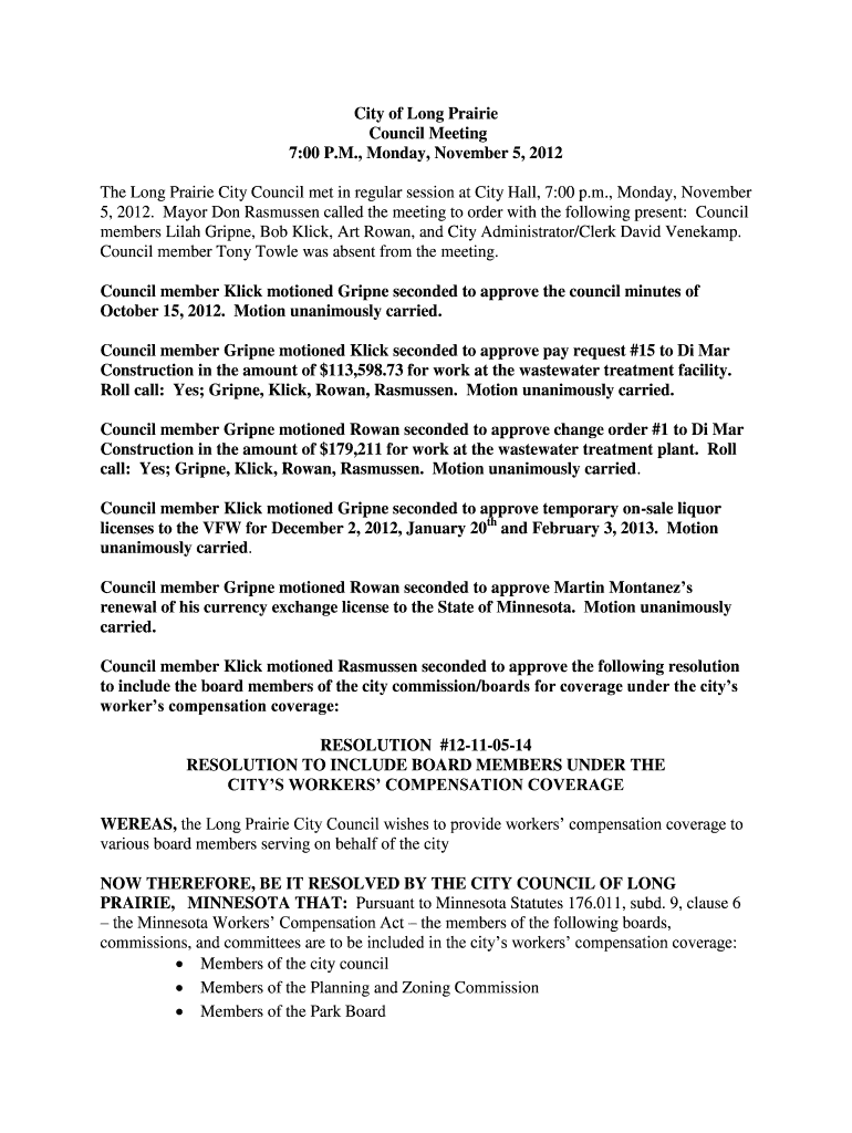 November 5 2012 Council minutes - Long Prairie Preview on Page 1