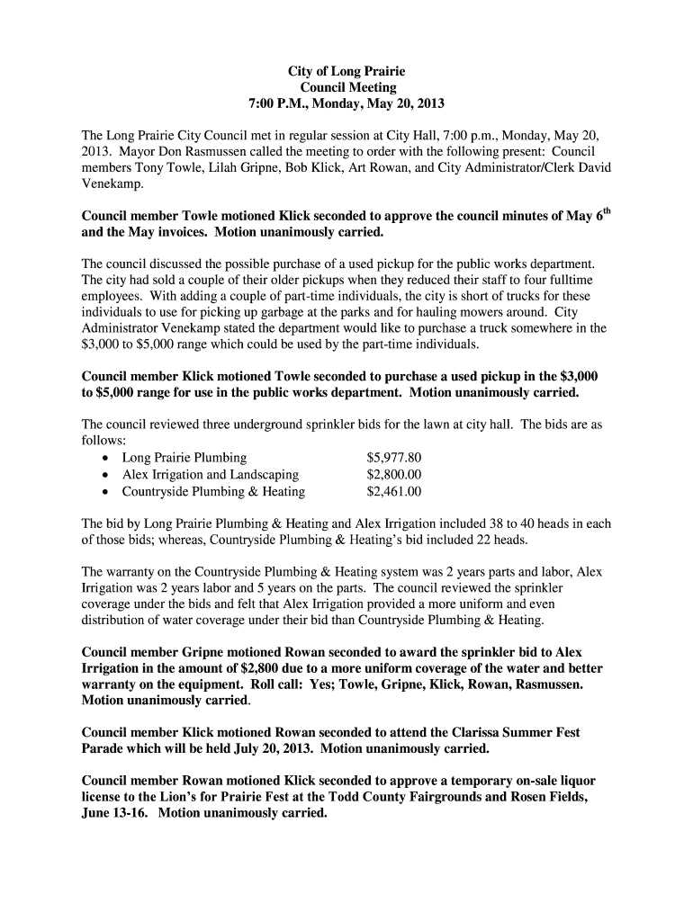 May 20 2013 Council minutes - Long Prairie Preview on Page 1