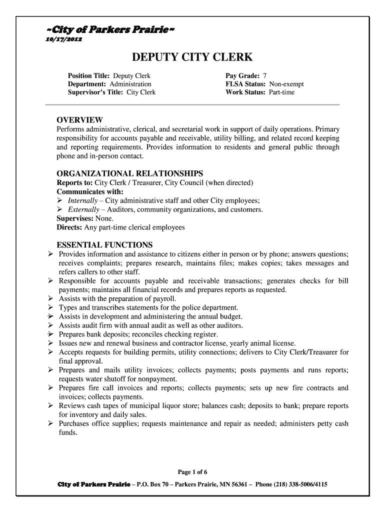 Position Title: Administrator/Clerk-Treasurer - City of Parkers Prairie - parkersprairie Preview on Page 1