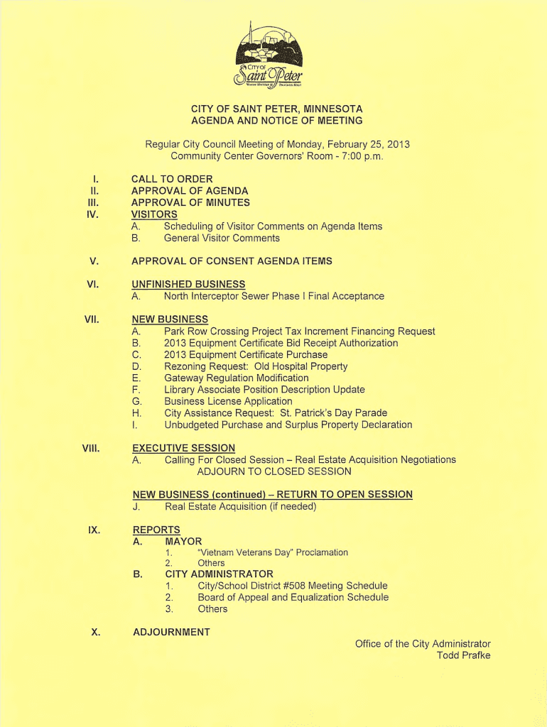 CITY OF SAINT PETER, MINNESOTA AGENDA AND NOTICE Preview on Page 1