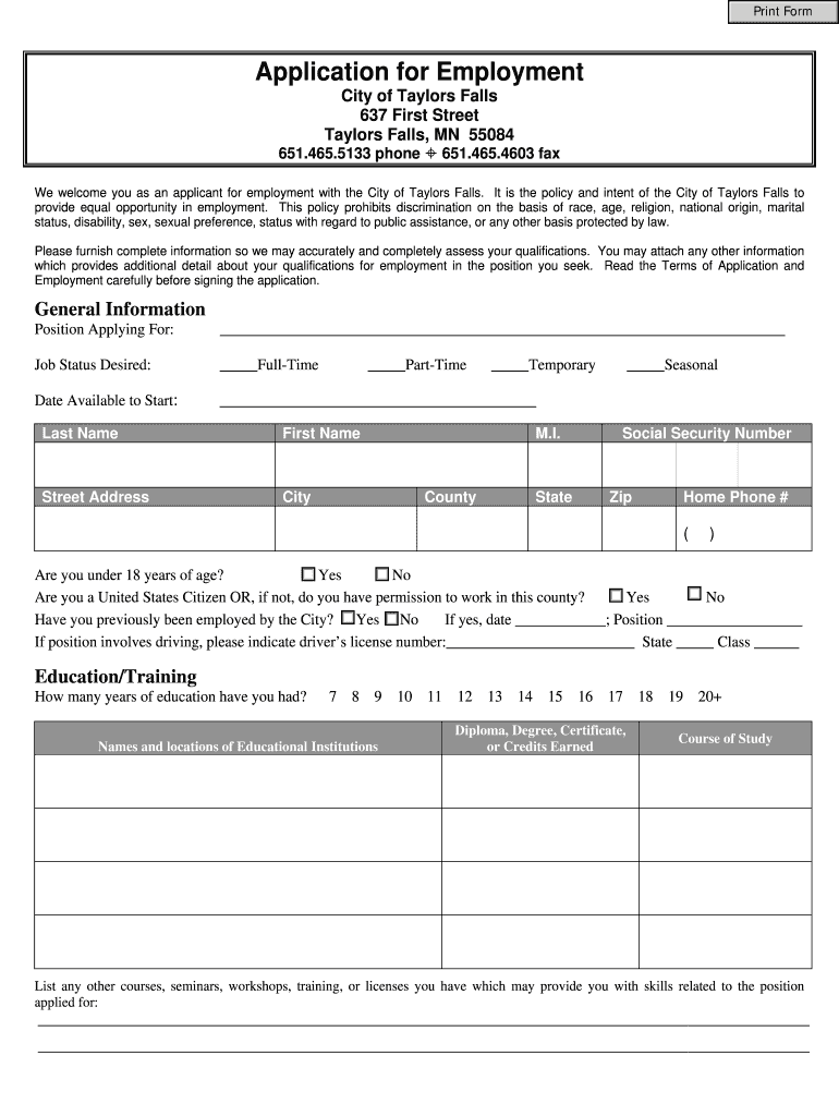 Application for Employment Preview on Page 1