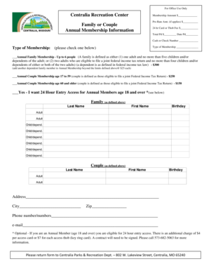 Centralia Recreation Center Membership Form