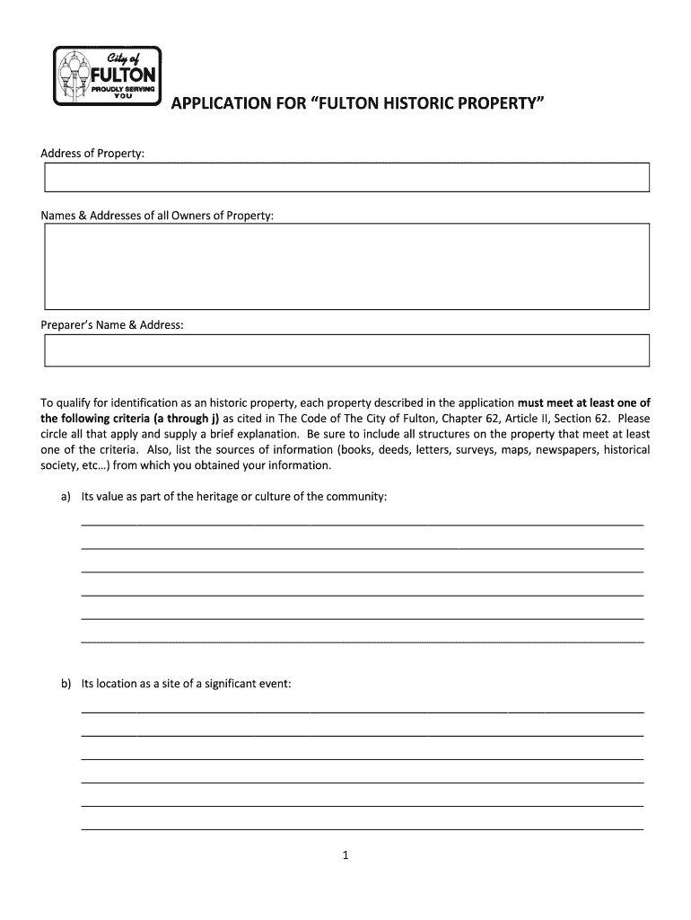 APPLICATION FOR FULTON HISTORIC PROPERTY Preview on Page 1
