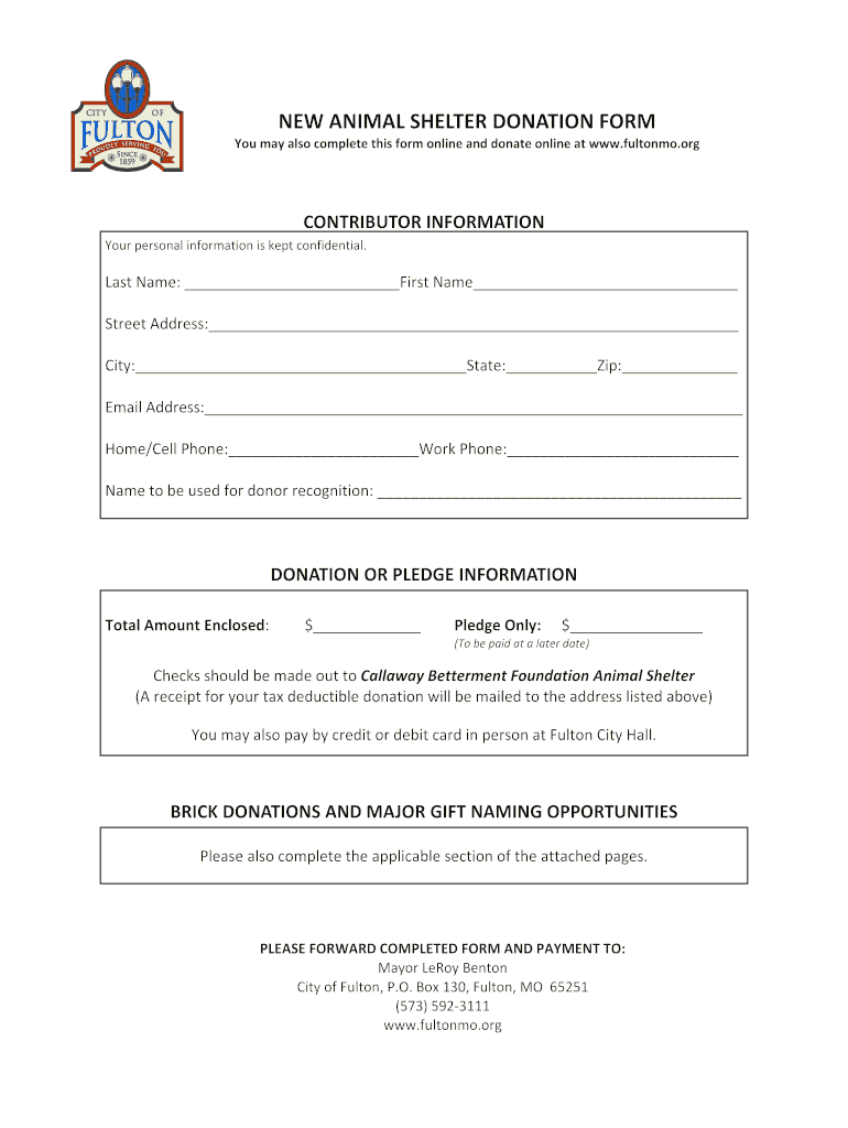 Fillable Online fultonmo NEW ANIMAL SHELTER DONATION FORM City of