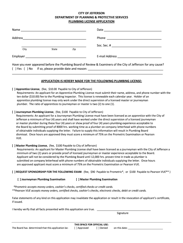 Plumbing License Application Preview on Page 1