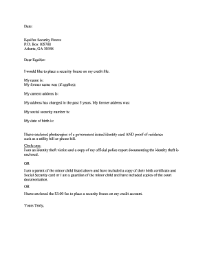 Equifax Security Freeze Request Form