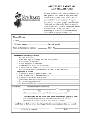 4-H Poultry Rabbit or Cavy Health Form