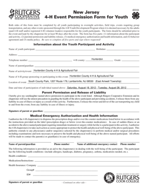 New Jersey 4-H Event Permission Form for Youth