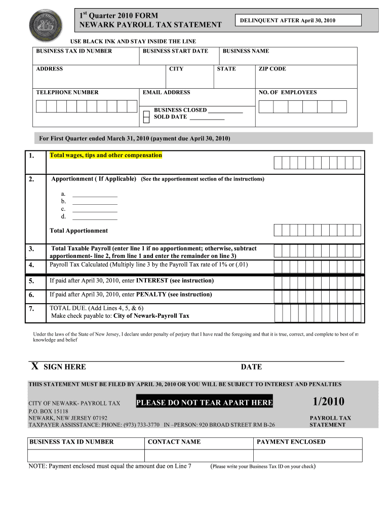 2010 newark quarter payroll tax statement form Preview on Page 1