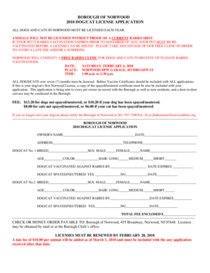 2010 Norwood Dog/Cat License Application