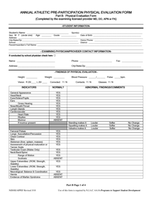 New Jersey Athletic Pre-Participation Physical Evaluation Form
