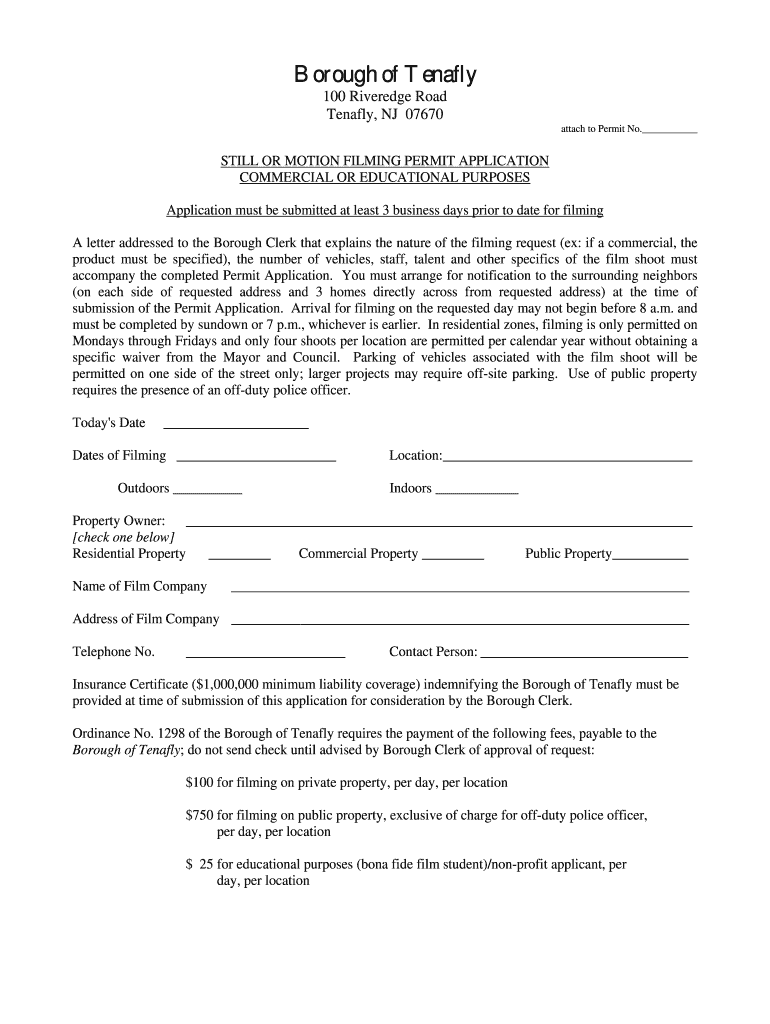 Fillable Online Filming Permit Tenafly Fax Email Print pdfFiller
