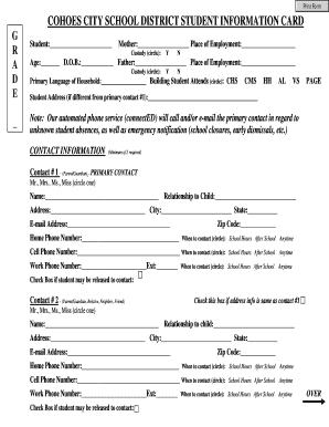 Cohoes City School District Student Information Card