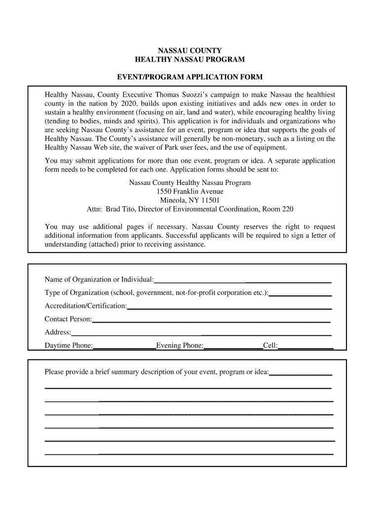 Fillable Online nassaucountyny Healthy Nassau Application Form Nassau