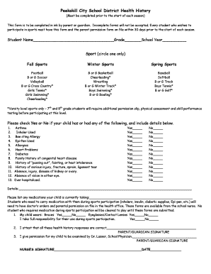 Peekskill School District Sports Health History Form
