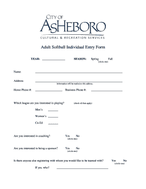 Adult Softball Individual Entry Form