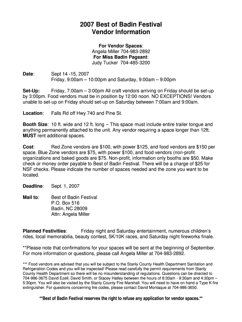 2007 Best of Badin Festival Vendor Application Preview on Page 1