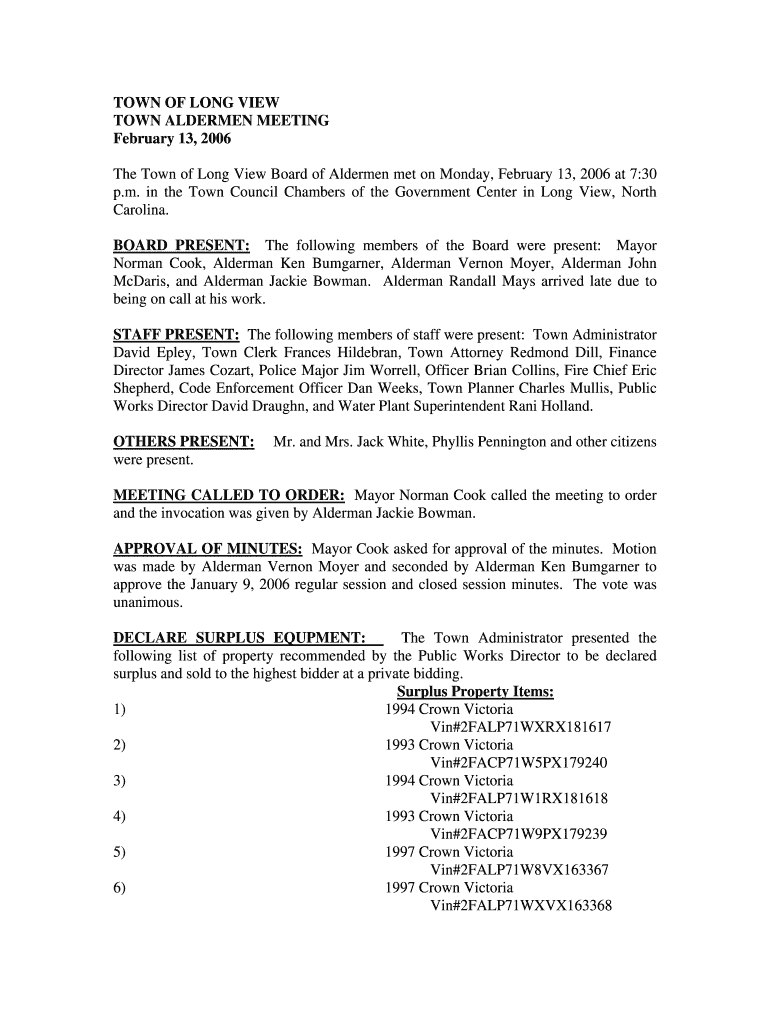 The Town of Long View Board of Aldermen met on Monday, February 13, 2006 at 7:30 Preview on Page 1