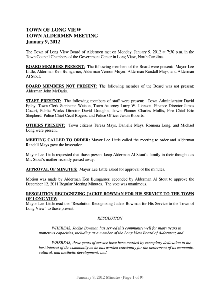 January 9, 2012 Minutes - Town of Long View - ci longview nc Preview on Page 1