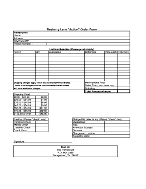 Bayberry Lane Action Order Form