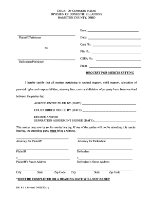 Ohio Request for Merits Setting Form