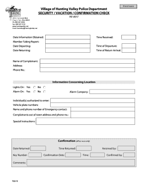 Vacation Check Form - Hunting Valley