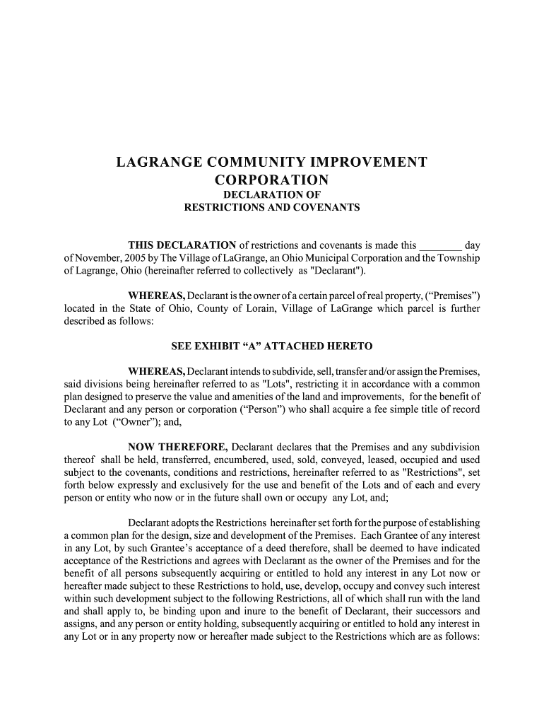 LAGRANGE COMMUNITY IMPROVEMENT CORPORATION DECLARATION OF RESTRICTIONS AND COVENANTS Preview on Page 1