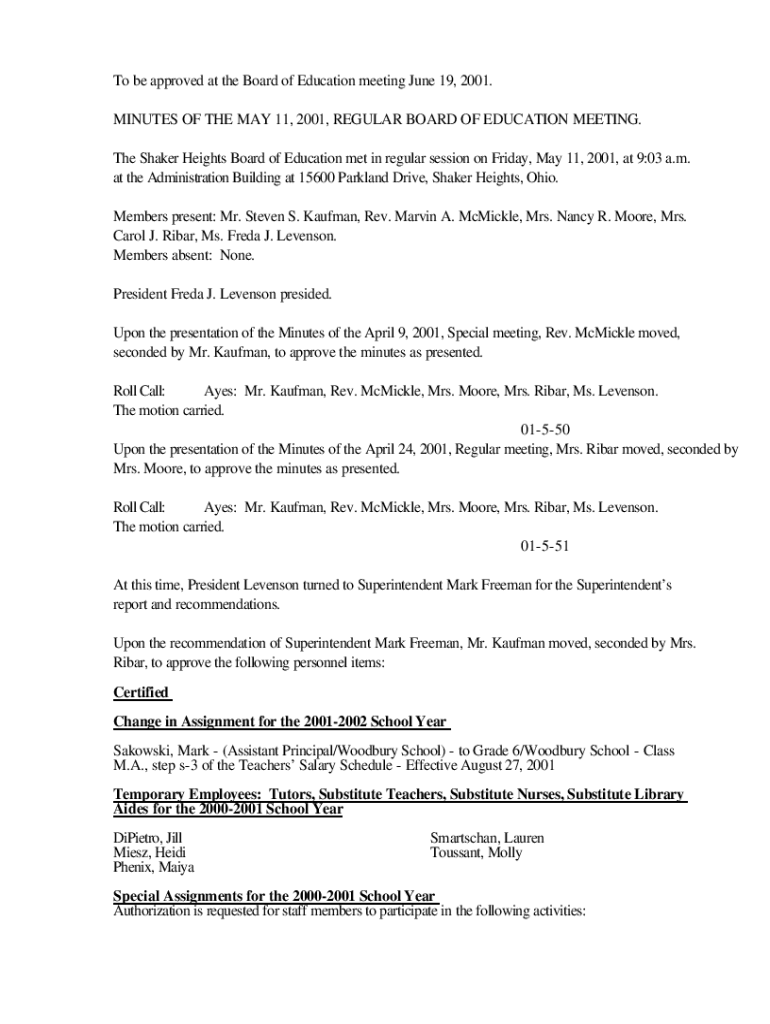 The Shaker Heights Board of Education met in regular session on Friday, May 11, 2001, at 9:03 a Preview on Page 1