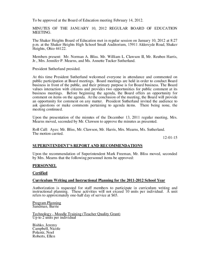 The Shaker Heights Board of Education met in regular session on January 10, 2012 at 8:27 Preview on Page 1