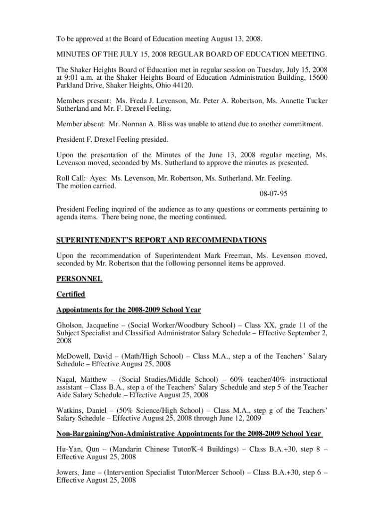 The Shaker Heights Board of Education met in regular session on Tuesday, July 15, 2008 Preview on Page 1