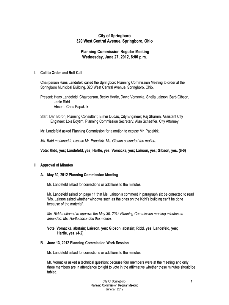 June 27, 2012 Formal Meeting - Springboro, Ohio Preview on Page 1