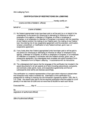 Anti-Lobbying Form CERTIFICATION OF RESTRICTIONS ON ... - ci springfield oh