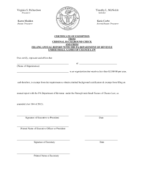 Pennsylvania Small Games of Chance Exemption Certificate