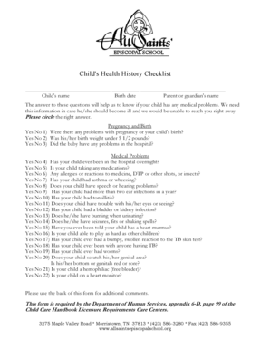 Child's Health History Checklist