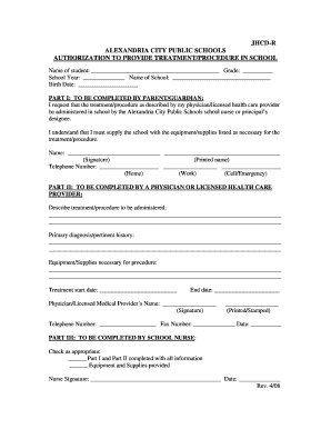 Alexandria City Public Schools Treatment Authorization Form
