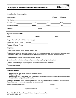 Anaphylaxis Student Emergency Procedure Plan