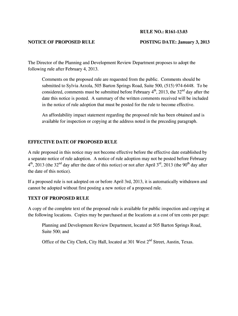 NOTICE OF PROPOSED RULE RULE NO - austintexas Preview on Page 1