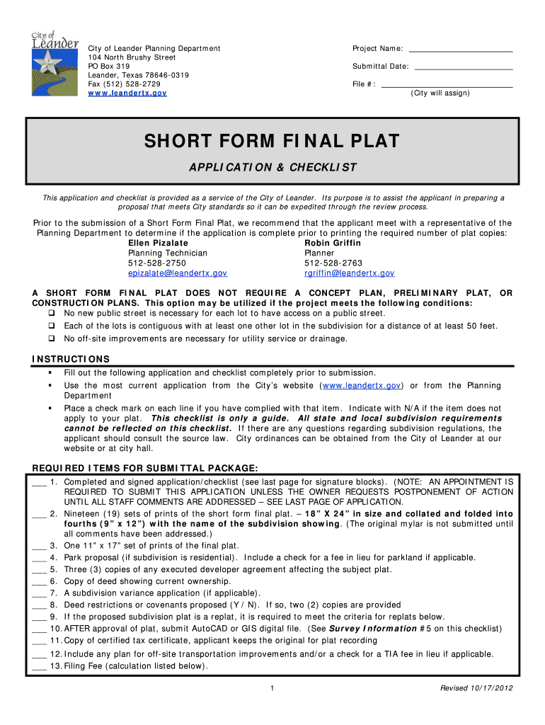 Short Form Final Plat Application and Checklist Preview on Page 1