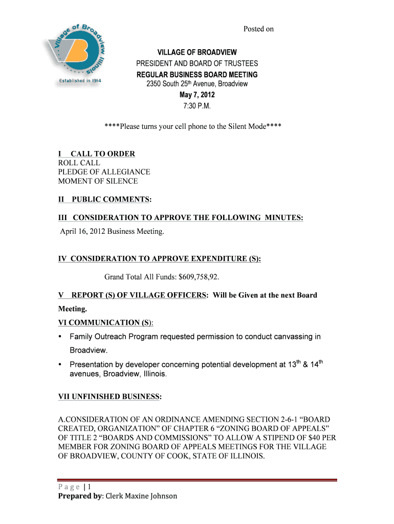 Posted on P a g e 1 Prepared by: Clerk Maxine Johnson V - broadview-il Preview on Page 1
