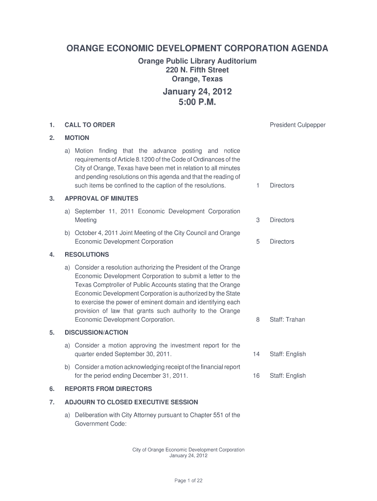 Orange Economic Development Corporation Agenda Preview on Page 1