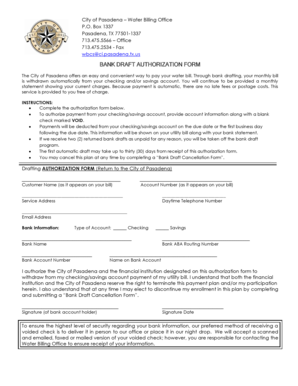 City of Pasadena Bank Draft Authorization Form
